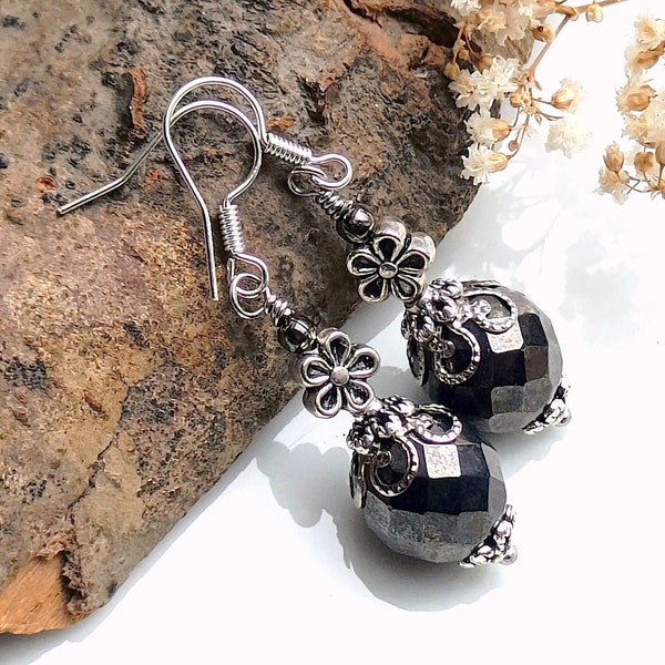 Black colored sleeper earrings, anthracite colored glass bead earrings