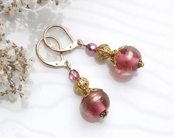 Glass bead sleeper earrings, pink, mauve and gold color