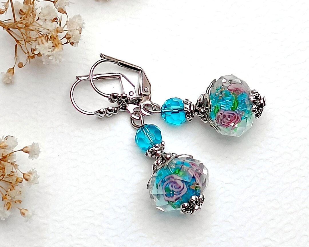 Boucles D'Oreilles Dormeuses Bleues - Plaqué Or Rose, Zirconia Cubique - Neuves Avec Étiquette