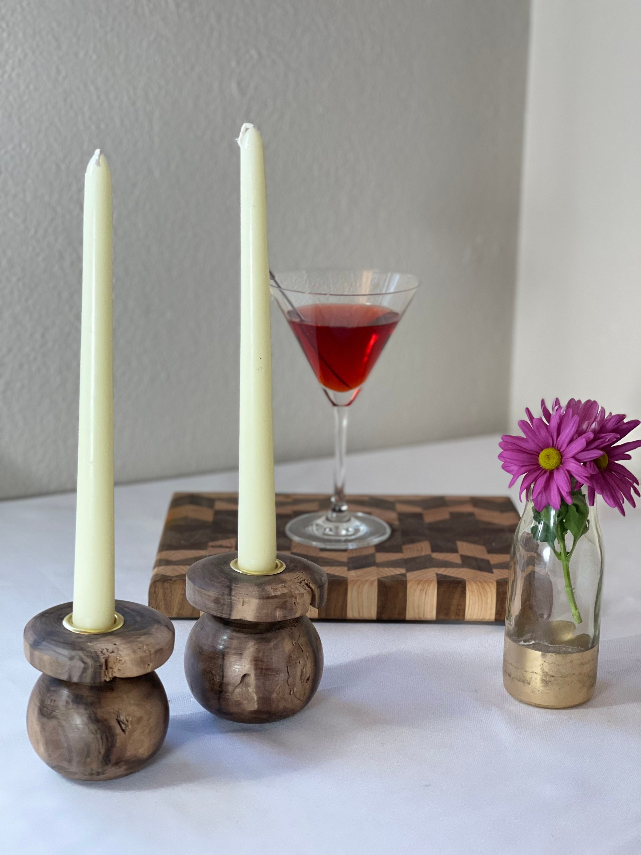 Hand turned candle holders made from dark wood. Set of 2. Etsy