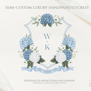 Hydrangeas Wedding Crest - Monogram Crest - Luxury Watercolor Crest - Blue and White Wedding Crest