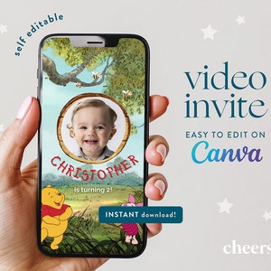 Invitation vidéo auto-modifiable Winnie l'ourson - modèle toile - anniversaire Winnie l'ourson - baby shower Winnie