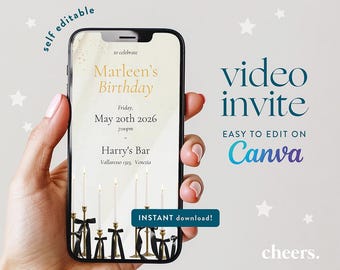 Bearbeitbare Geburtstagseinladung Video Canva Vorlage, Elegante Schleife Thema Erwachsene Party einladen, Selbst bearbeitbare digitale Einladung