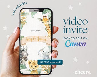Safari Baby Shower SELBS EDITIERBARE Video Einladung - Canva Vorlage - Aquarell Safari Tiere