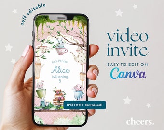 Tea Party SELF EDITIERBARE Video Einladung - Canva Vorlage - Verzauberte Tea Party Geburtstag einladen