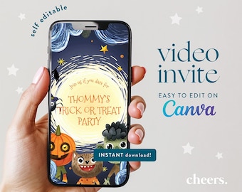Cute Kids Halloween SELF EDITABLE Video Invitation - Canva Template - Trick or Treat Halloween Party invite