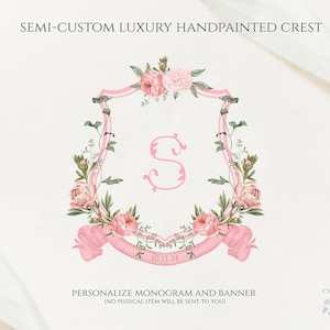 Cresta de boda de rosas rosadas - Cresta de monograma - Cresta de acuarela romántica - Cresta de boda de peonías y rosas