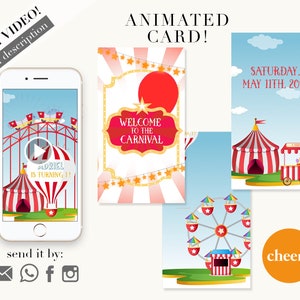 May include: An animated carnival-themed card displayed on a smartphone, featuring a roller coaster, circus tent, Ferris wheel, and a candy cart. The card says "Welcome to the Carnival" and "Adriel is turning 11!" with the date "Saturday, May 11th, 2019".