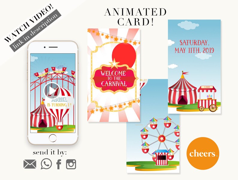 May include: An animated carnival-themed card displayed on a smartphone, featuring a roller coaster, circus tent, Ferris wheel, and a candy cart. The card says "Welcome to the Carnival" and "Adriel is turning 11!" with the date "Saturday, May 11th, 2019".