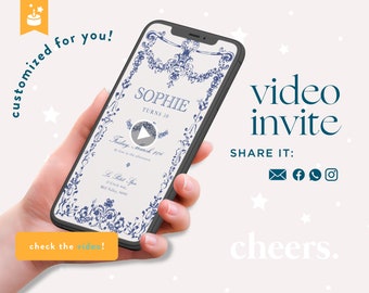 May include: A smartphone displaying a video invitation for Sophie's 30th birthday party. The invitation features a blue and white floral design and the text "Sophie Turns 30" and "Friday, March 10th". The video invite also includes the text "Le Petit Spa, 15 Circle Way, Mill Valley, 94941".