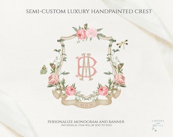 Róże Piwonie Ślubny Herb - Monogram Herb - Romantyczny Akwarelowy Herb - Różowe Kwiaty Ślubny Herb