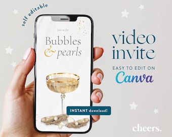 Bubbles & Pearls Erwachsene Geburtstag SELF EDITIERBARE Video Einladung - Canva Vorlage - Geburtstagseinladung, Elegante Party Einladung