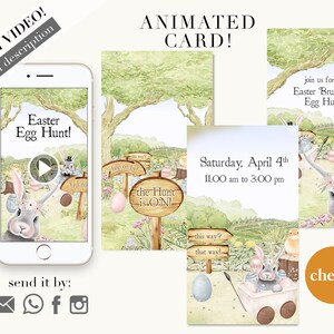 May include: An animated Easter card with a bunny rabbit, eggs, and a sign that says "the Hunt is ON!" The card is decorated with flowers and greenery. The text on the card reads "Saturday, April 4th 11:00 am to 3:00 pm join us for an Easter Brunch & Egg Hunt!"