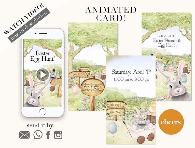 May include: An animated Easter card with a bunny rabbit, eggs, and a sign that says "the Hunt is ON!" The card is decorated with flowers and greenery. The text on the card reads "Saturday, April 4th 11:00 am to 3:00 pm join us for an Easter Brunch & Egg Hunt!"