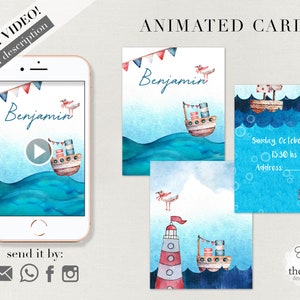 May include: A blue and white animated card with a watercolour design featuring a lighthouse, a boat, and a whale. The card says "Benjamin" and "Sunday, October 27th, 15:30 hs, Address:".