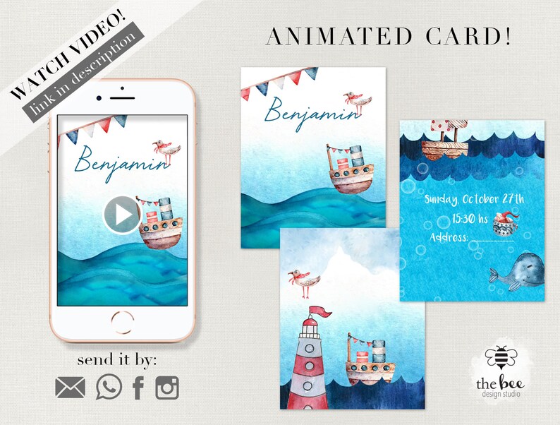 May include: A blue and white animated card with a watercolour design featuring a lighthouse, a boat, and a whale. The card says "Benjamin" and "Sunday, October 27th, 15:30 hs, Address:".