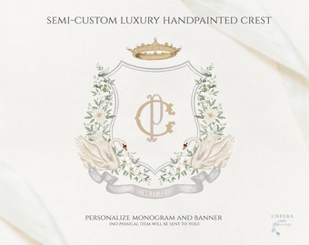 Romantisches Blumen und Schwäne Hochzeitswappen - Monogramm Wappen - Luxus Aquarell Wappen - Romantisches Hochzeitswappen
