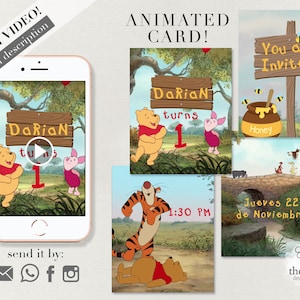 May include: Animated Winnie the Pooh birthday invitation card with a yellow and brown bear, a pink pig, and a sign that says "Darian turns 1". The card also includes a honey pot, a bridge, and a bee logo.
