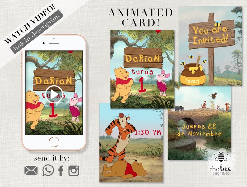 May include: Animated Winnie the Pooh birthday invitation card with a yellow and brown bear, a pink pig, and a sign that says "Darian turns 1". The card also includes a honey pot, a bridge, and a bee logo.