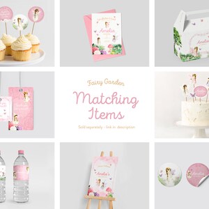 May include: A set of printable party decorations with a fairy garden theme. The set includes cupcake toppers, favor tags, water bottle labels, a cake topper, a welcome sign, and stickers. The decorations are pink and green with a whimsical fairy design.