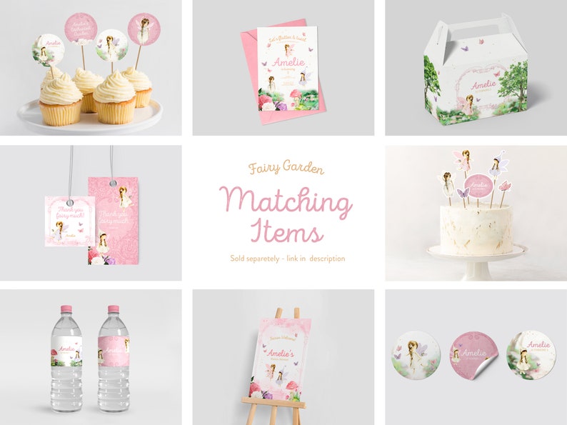 May include: A set of printable party decorations with a fairy garden theme. The set includes cupcake toppers, favor tags, water bottle labels, a cake topper, a welcome sign, and stickers. The decorations are pink and green with a whimsical fairy design.