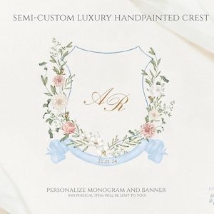 Romantic Flowers Wedding Crest - Monogram Crest - Luxury Watercolor Crest - Romantic pink and blue Wedding Crest