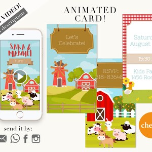 Op de afbeelding: Een digitale uitnodiging voor een kinderfeestje met een boerderijthema. De uitnodiging toont een rode schuur, een windmolen en boerderijdieren. De tekst op de uitnodiging luidt "Laten we vieren!" en "RSVP: 318-83648". De uitnodiging bevat ook een datum en tijd voor het feest: "Zaterdag 24 augustus, 15:30 uur". Het adres voor het feest is "1456 Roe Av.".