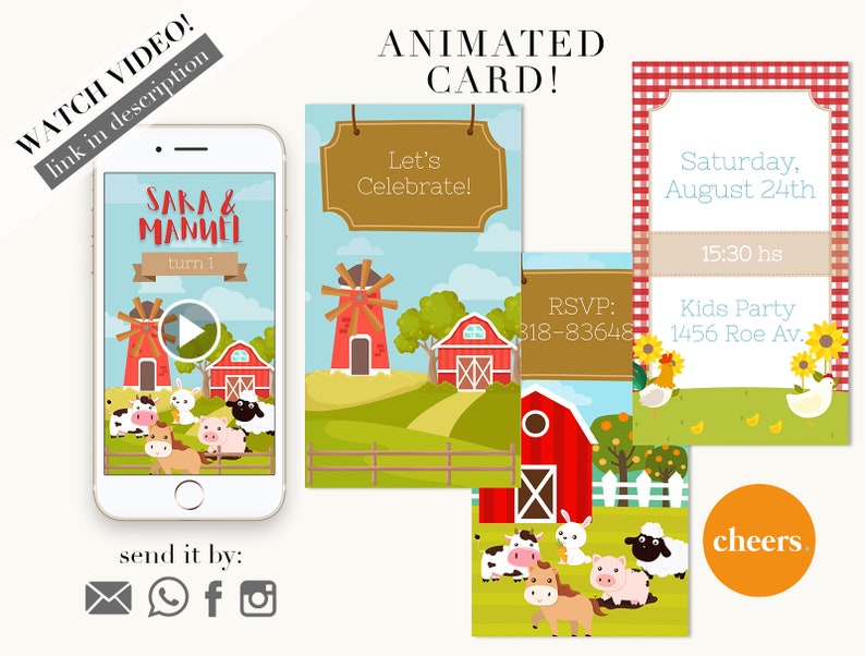 Op de afbeelding: Een digitale uitnodiging voor een kinderfeestje met een boerderijthema. De uitnodiging toont een rode schuur, een windmolen en boerderijdieren. De tekst op de uitnodiging luidt "Laten we vieren!" en "RSVP: 318-83648". De uitnodiging bevat ook een datum en tijd voor het feest: "Zaterdag 24 augustus, 15:30 uur". Het adres voor het feest is "1456 Roe Av.".