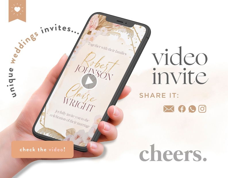 May include: A smartphone screen displaying a wedding video invitation with a play button. The invitation features a floral design with gold accents and the names "Robert Johnson" and "Claire Wright". The text "Together with their families joyfully invite you to the celebration of their marriage" is also displayed. The text "video invite" and "SHARE IT" are displayed below the phone.