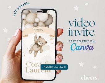 Teddy Bear Baby Shower SELBS EDITIERBARE Video Einladung - Canva Template - Teddy Bär Baby