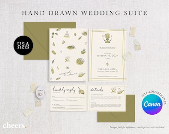 Hand Drawn Italian Wedding Invitation Suite - Destination Italy Wedding Invitation