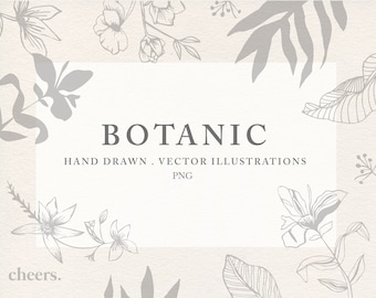 May include: A set of hand-drawn botanical illustrations in black and white. The illustrations include various flowers, leaves, and branches. The text "BOTANIC HAND DRAWN. VECTOR ILLUSTRATIONS PNG" is displayed in the center of the image.