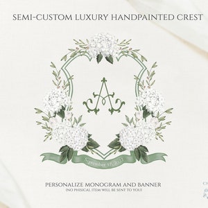 Green and White Flowers Wedding Crest - Monogram Crest - Luxury Watercolor Crest - Exclusive Wedding Crest