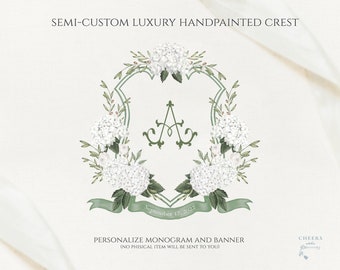 Green and White Flowers Wedding Crest - Monogram Crest - Luxury Watercolor Crest - Exclusive Wedding Crest