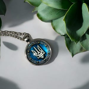 May include: Silver-toned pendant necklace featuring a round pendant with a blue enamel background and a silver trident emblem. The pendant has a decorative border and hangs from a delicate chain. The necklace is displayed on a white surface with green foliage.