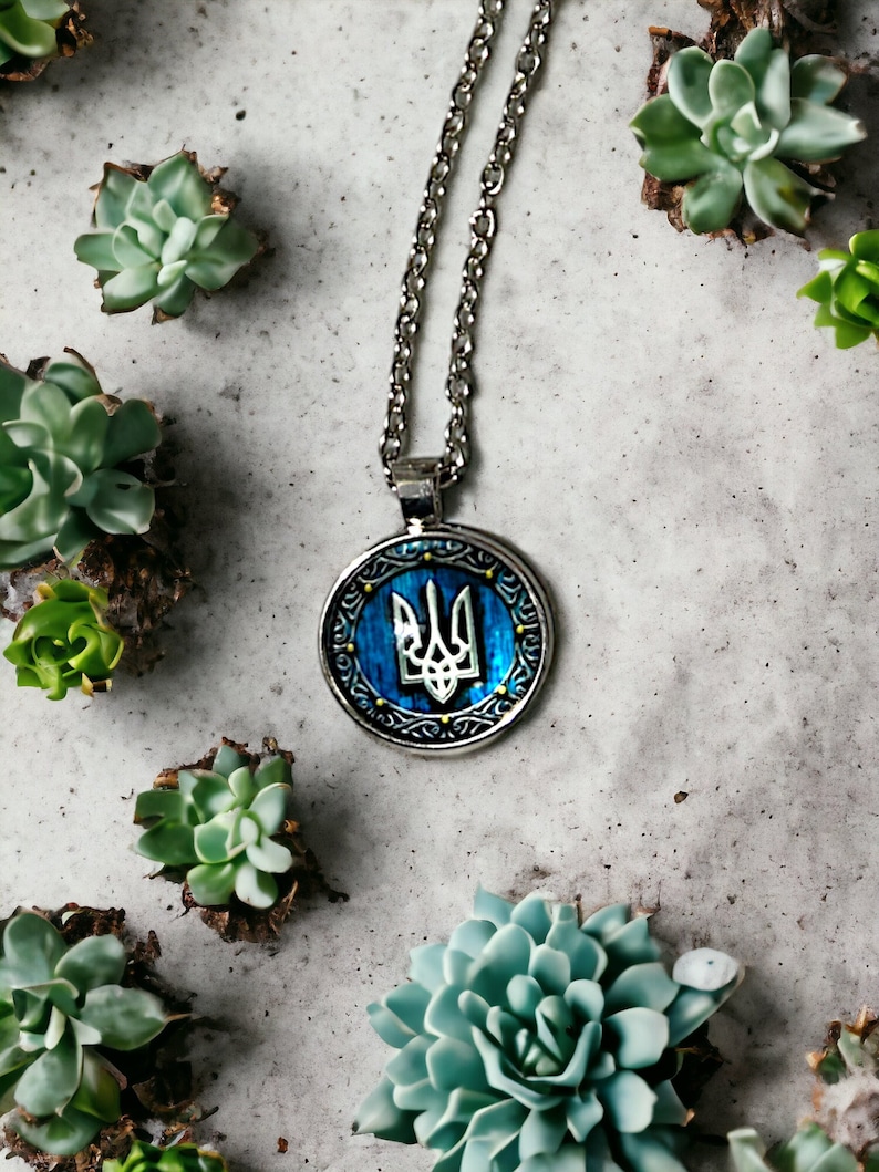 May include: Silver-toned pendant necklace featuring a round pendant with a blue and gold design and a white emblem. The necklace is displayed on a textured gray surface, surrounded by small green succulents.