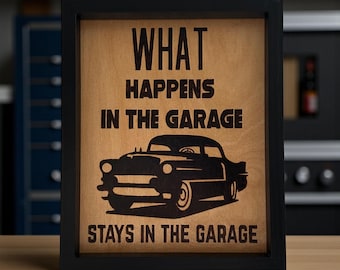 Rolig garagedekor – Skylt med texten "Vad händer i garaget" (20 x 25 cm)