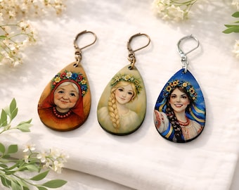 Ukrainian Folk Earrings – Handmade Teardrop Portrait Earrings