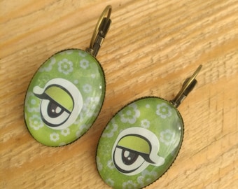 Boucles, Boucles d'oreille, Earring, Woman, Boucles d'oreilles vertes, Boucles fantaisies, Bijoux, Hand made, Fait main, Fleurs, Flower,Eyes
