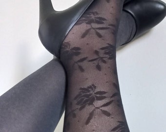 Collants, Stumpfhose, Pantyhose, Long legs tights, Collants à fleurs, Flowers tights, Black and grey, Noir et gris, Fleurs noires, Clothing