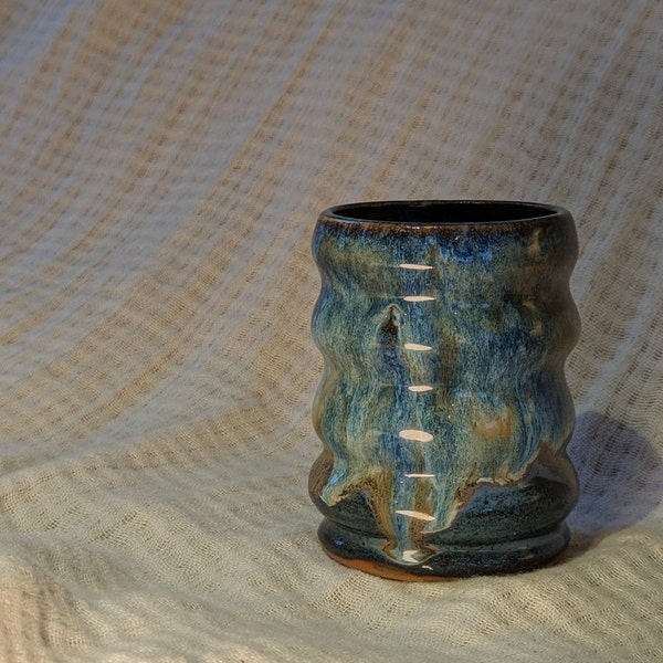 Handmade Wiggly Vase | blue and green reactive glaze vase | brush holder | pen pot