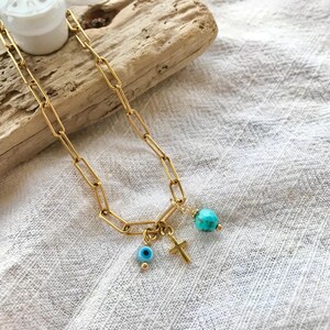 Minimalist choker necklace gold plated stainless steel paperclip chain turquoise stone lucky charm third eye