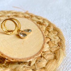 Mini hypoallergenic sleeper hoop in gold-plated stainless steel and aquamarine drop-shaped crystal zirconia