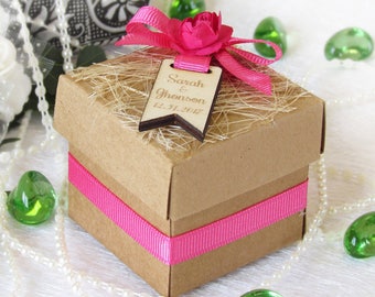 6 PCS,Wedding Favor Boxes,Personalized Custom Wooden Tags with Satin Bow,Shower Favors,Candy Boxes and Any Color of Ribbon,Gifts for Guests