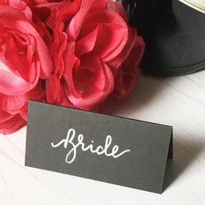 Black Wedding Place Cards: Hand-Lettered Calligraphy, Silver or Gold Ink
