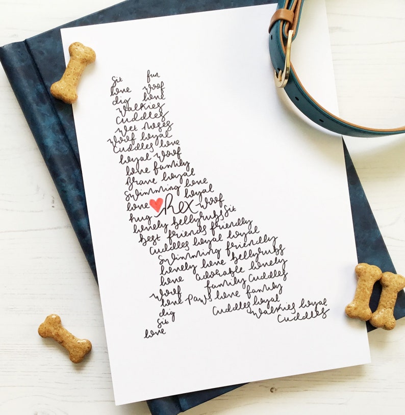 May include: A white print featuring a dog silhouette composed of words like "love," "woof," and "cuddles." The dog's name, "Rex," is highlighted with a red heart. The print is accompanied by dog biscuits and a teal and brown collar.