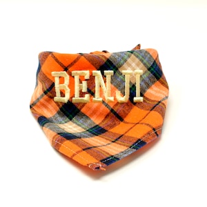 Personalised Handmade Embroidered Dog Bandana Neckerchief Orange & Navy Tartan