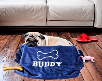 Dark Blue Hand Made Embroidered Personalised Dog Blanket