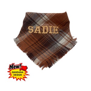 Personalised Handmade Embroidered Dog Bandana Neckerchief Brown Check Tartan