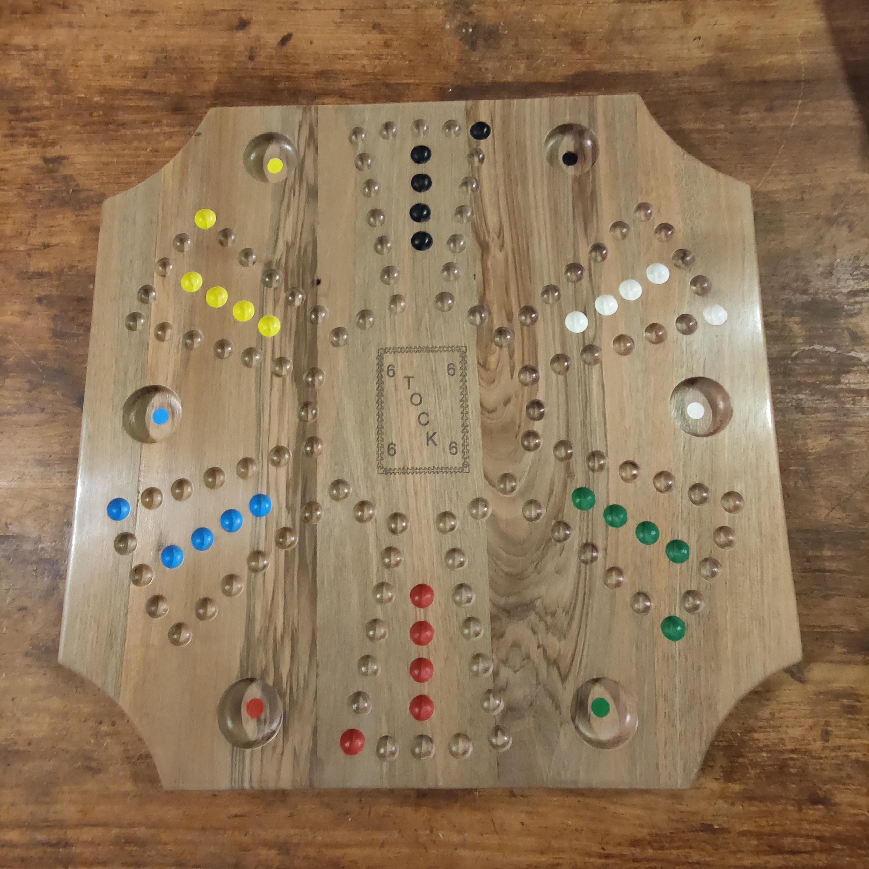 Tock game for 4 or 6 players, reversible board optional, solid wood, made to order, customizable glass marbles.